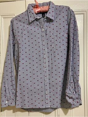 GAP boyfriend Blue & White Stripe Button-Down Shirt with Red Embroidered Bows